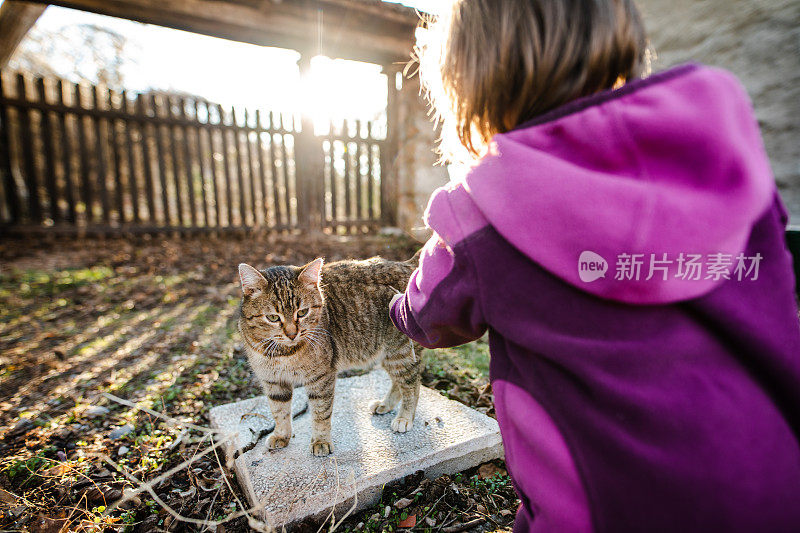 在一个阳光明媚的春日，顽皮的孩子在前院爱抚她的小猫