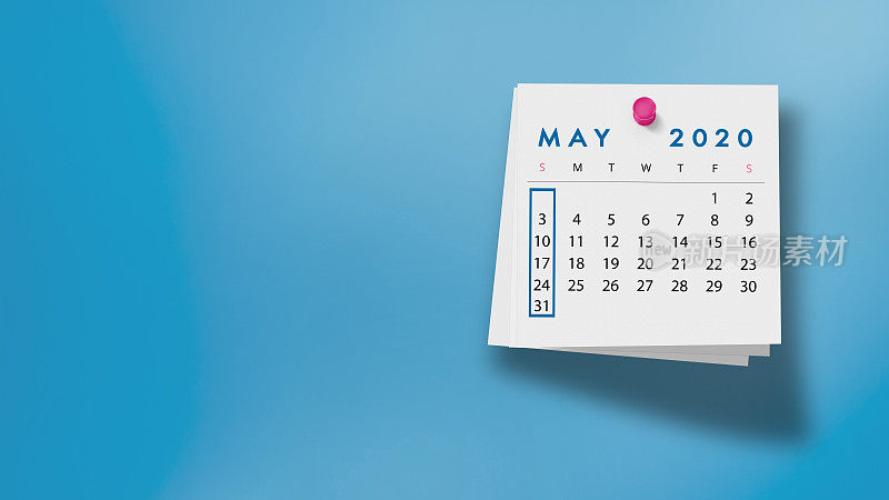 2020年5月日历在笔记本上的蓝色背景