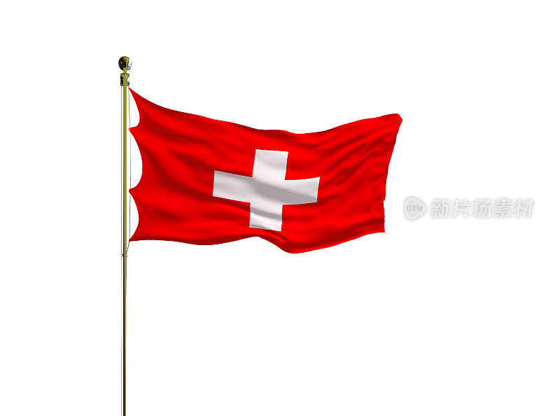 一根旗杆上的瑞士国旗在白色背景上孤立地摆动