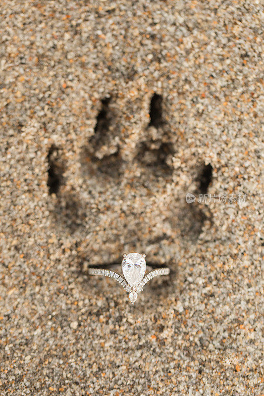 在沙滩上沙滩上的爪印上有泪滴钻石订婚戒指