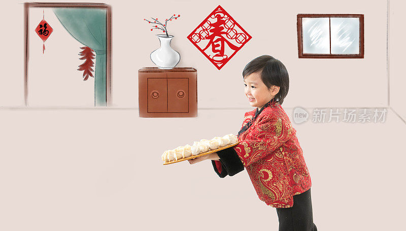 快乐男孩拿着饺子迎新年