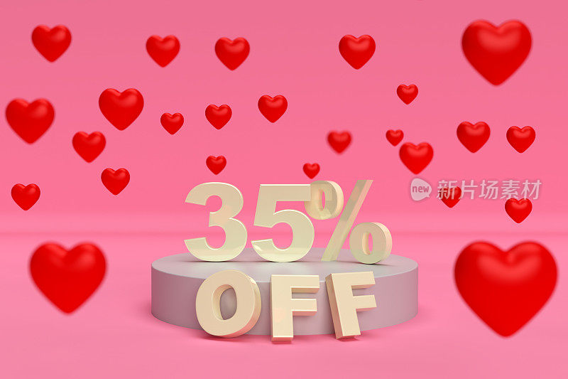 35%的折扣-情人节销售3D插图。