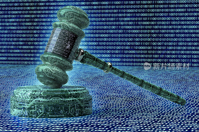 法律计算机法官概念，网络木槌，3D插图