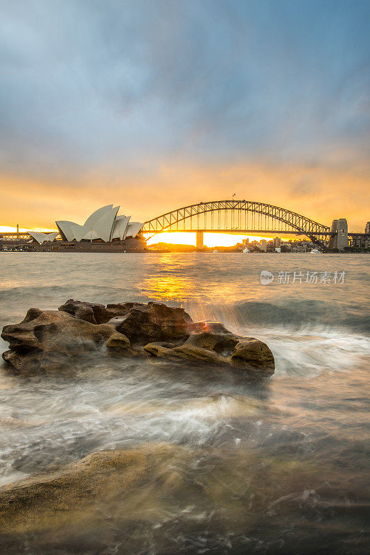 澳大利亚悉尼歌剧院和海港大桥的日落。