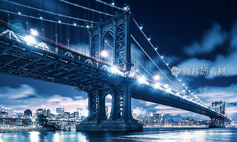 纽约市夜间的曼哈顿大桥