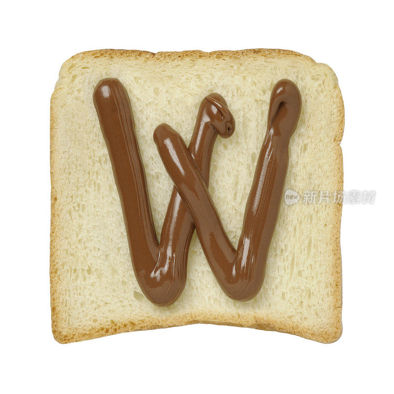 巧克力字母W在锡箔面包片，白色背景