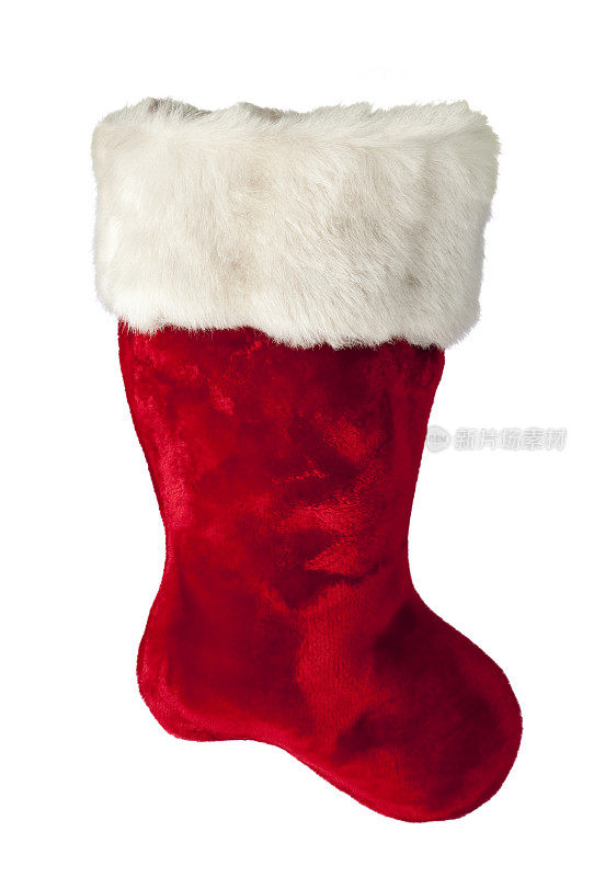 红色的圣诞长袜毛皮装饰，孤立在白色的背景。