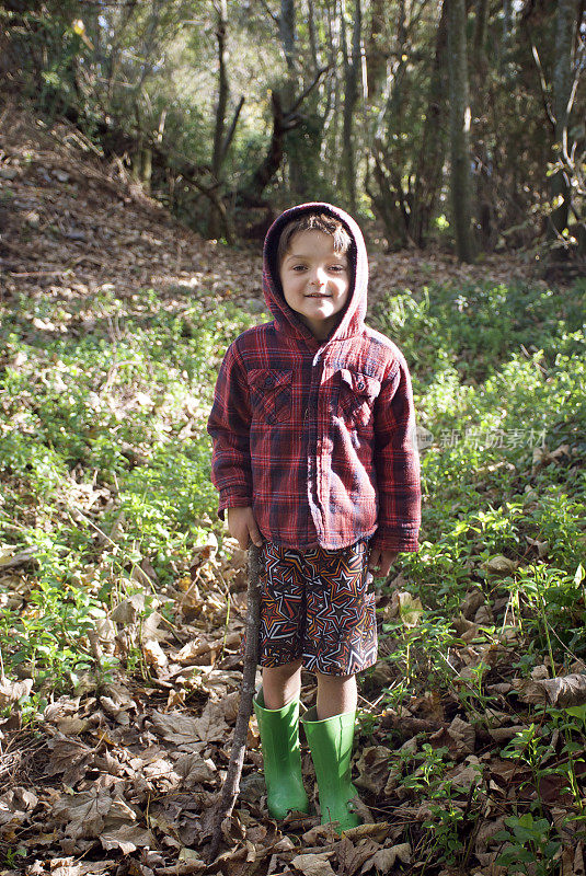 秋天的树林里的男孩
