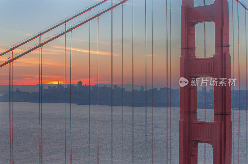 日出下的旧金山市中心和金门大桥
