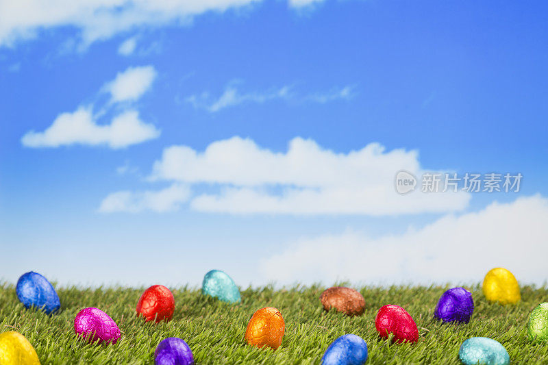 草地上的巧克力复活节彩蛋