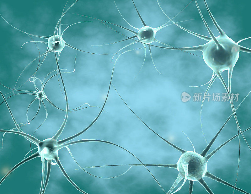 抽象的蓝色背景与神经元3D插图。