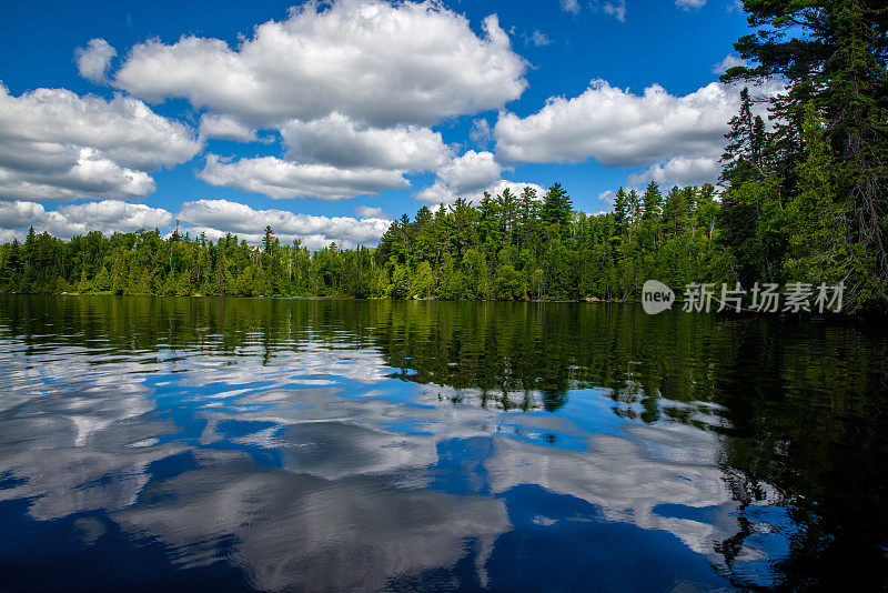 反射的云和森林，锯比尔湖，bwcaw