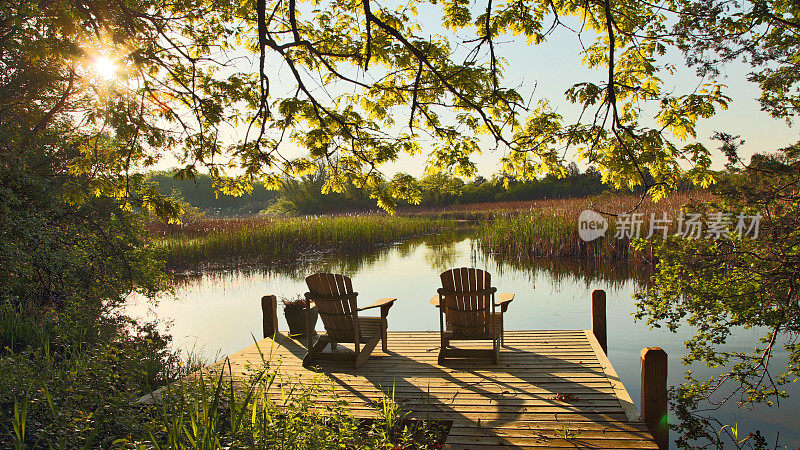 宁静的湖景与两个阿迪朗达克椅子