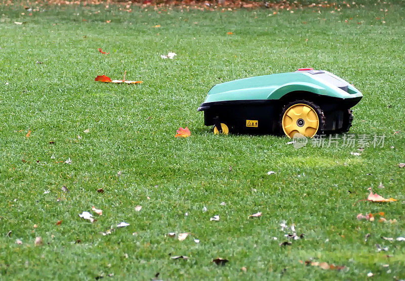 机器人割草机在秋天的田野上