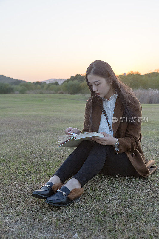 漂亮女人在草坪上看书