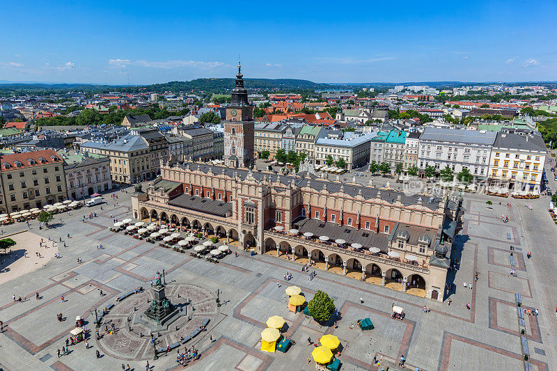 克拉科夫,波兰。旧城市场广场和布艺厅