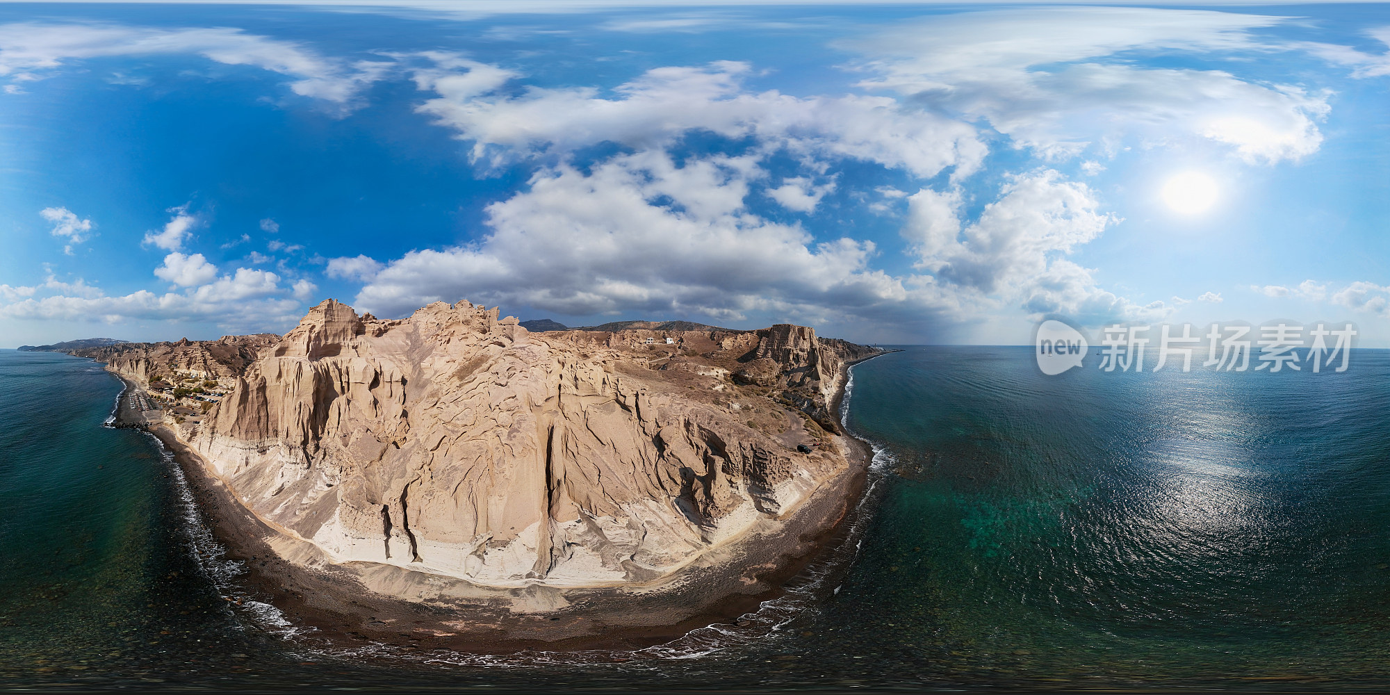 希腊圣托里尼岛Vlihada海滩360度x180度球面(等矩形)空中全景图