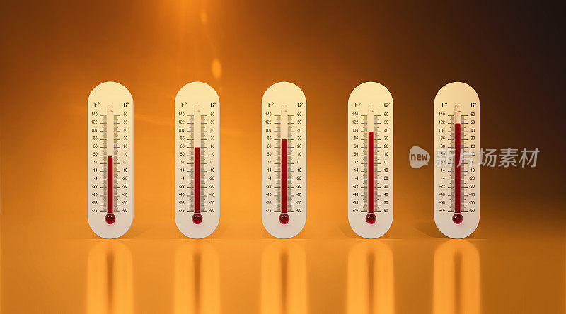 极端热浪和高温概念-橙色天空背景下的温度计