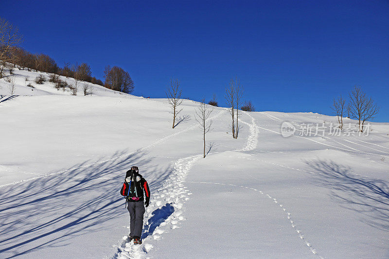 一名登山者站在波斯尼亚和黑塞哥维那白雪覆盖的Visocica山顶