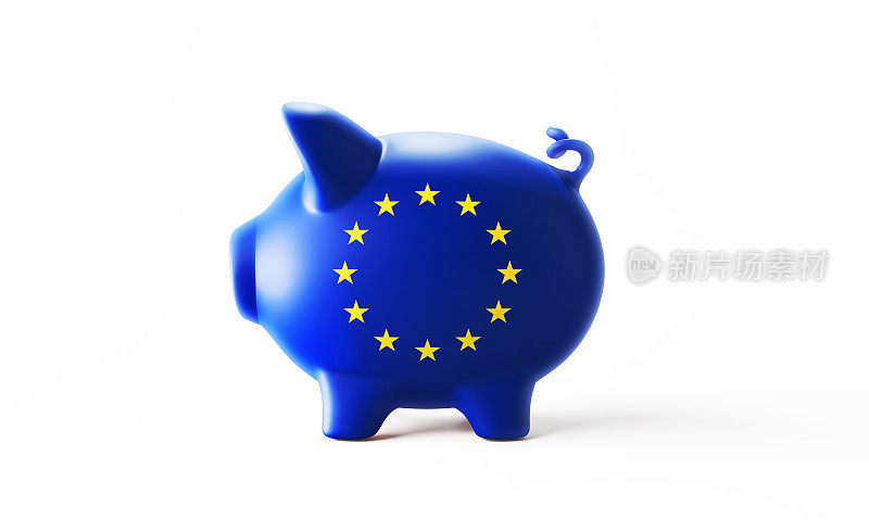 小猪银行纹理与欧盟旗帜隔离在白色背景