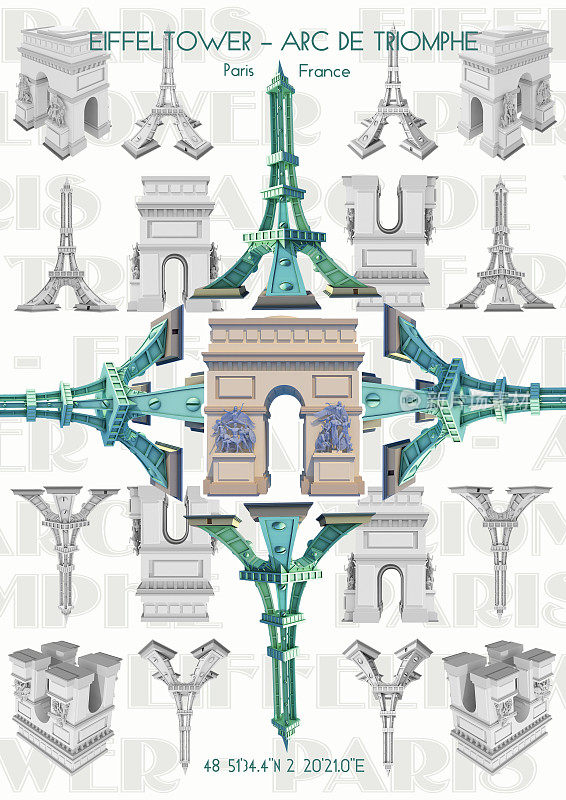 图案海报巴黎(埃菲尔铁塔，凯旋门)