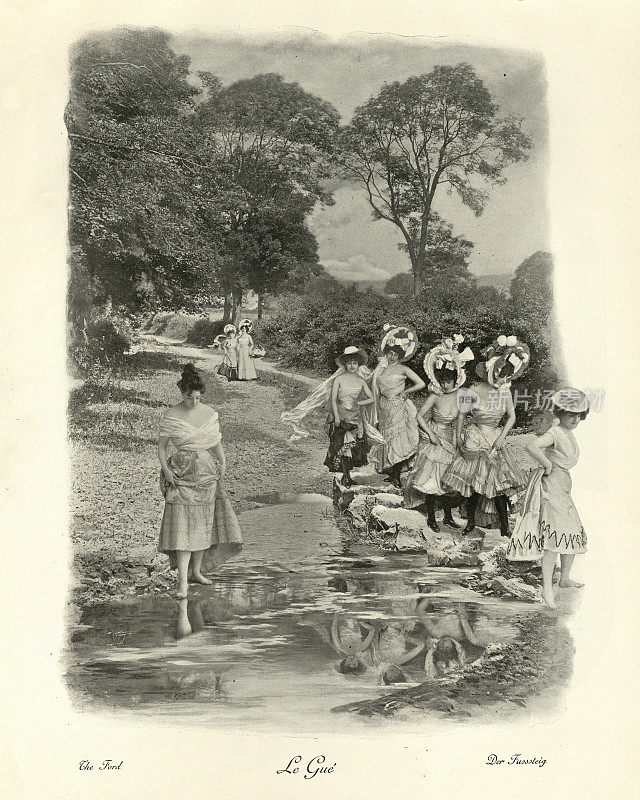 十九世纪，维多利亚时代的妇女用垫脚石过河