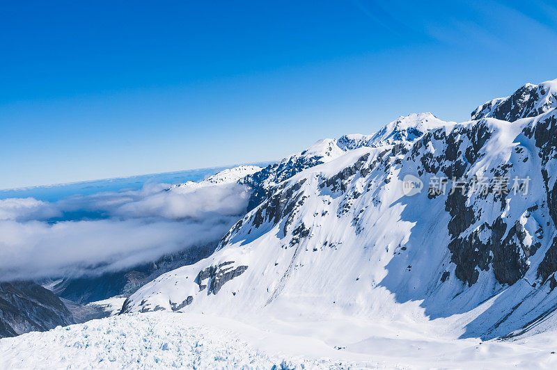 从直升机上俯瞰新西兰南阿尔卑斯山谷福克斯冰川镇的雪山。库克山的直升机服务提供风景优美的飞行