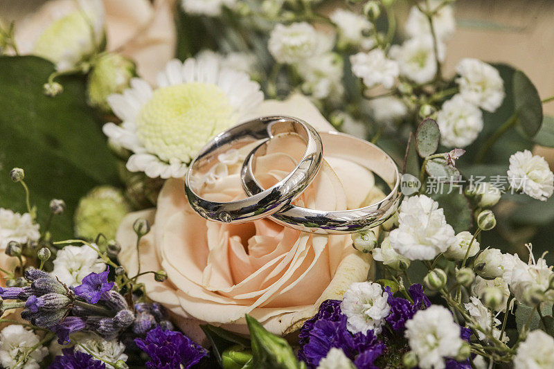 玫瑰上戴着两个结婚戒指