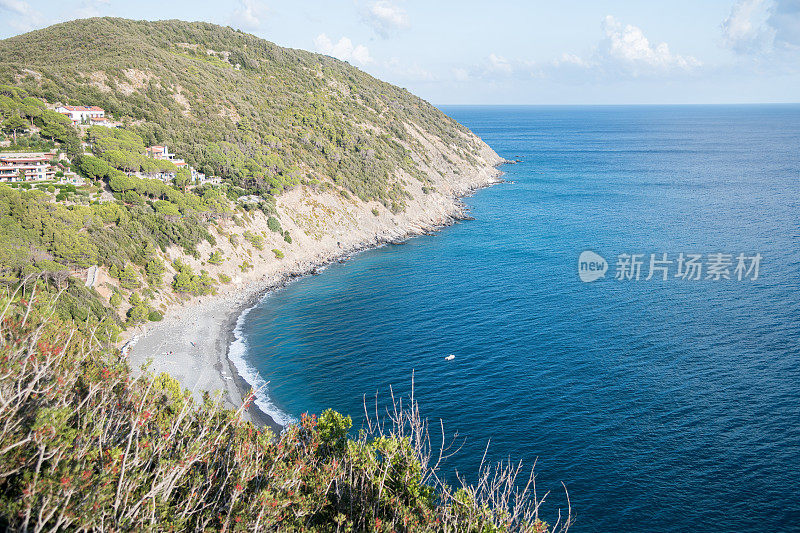 旅行。欧洲，意大利，托斯卡纳，从科勒迪帕隆巴亚鸟瞰海滩。巴岛