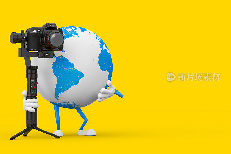 地球人物吉祥物与数码单反或摄像机框架稳定三脚架系统。3d渲染
