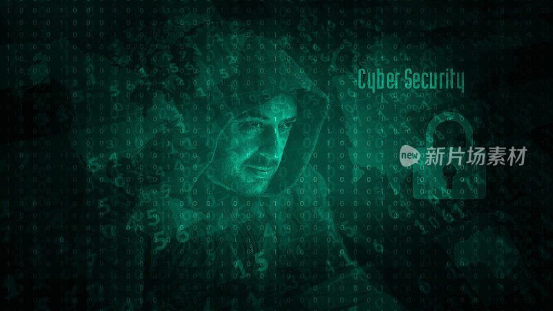 危险的匿名黑客戴着黑兜帽，闯入公司的安全数据服务器。他坐着，研究黑色背景。网络犯罪、网络攻击安全概念。