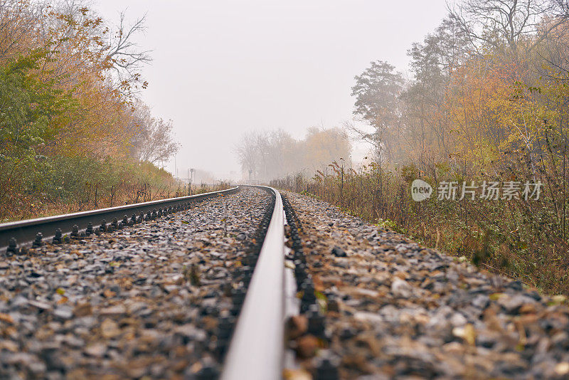 铁路在秋天森林的雾中