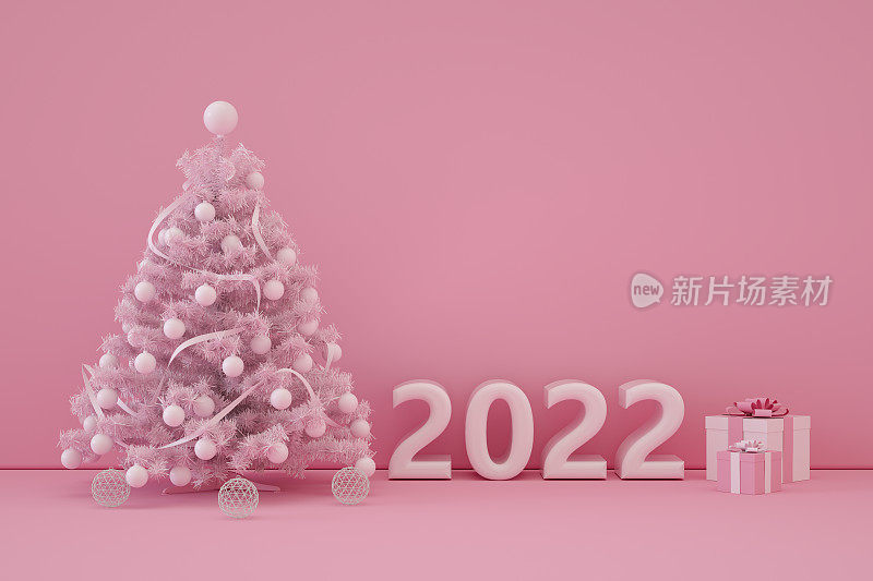 2022年圣诞树，新年，最小的粉红色背景