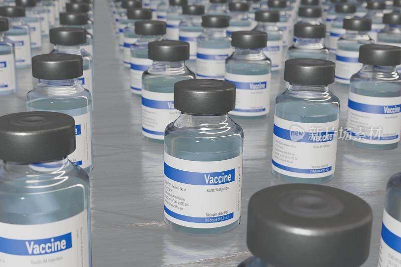 工厂里成排排列着许多疫苗瓶