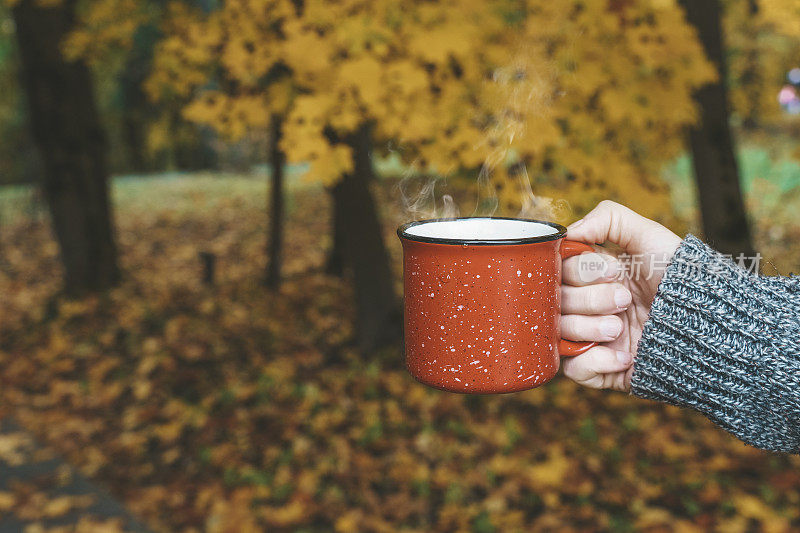 秋天喝着茶或咖啡，在十月黄叶的背景上。秋天的舒适和意境背景概念。