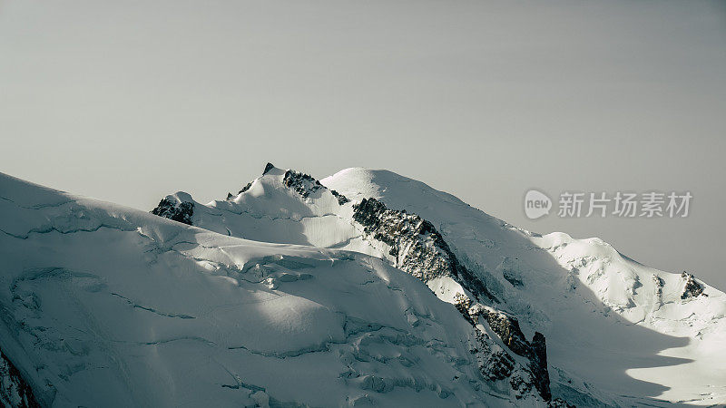 从空中俯瞰雄伟的阿尔卑斯山。覆盖着冰山和雪的尖峰