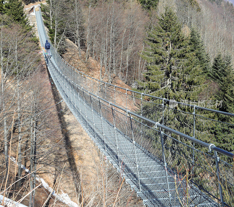 长长的吊桥叫做藏式吊桥，一个人在冬天行走