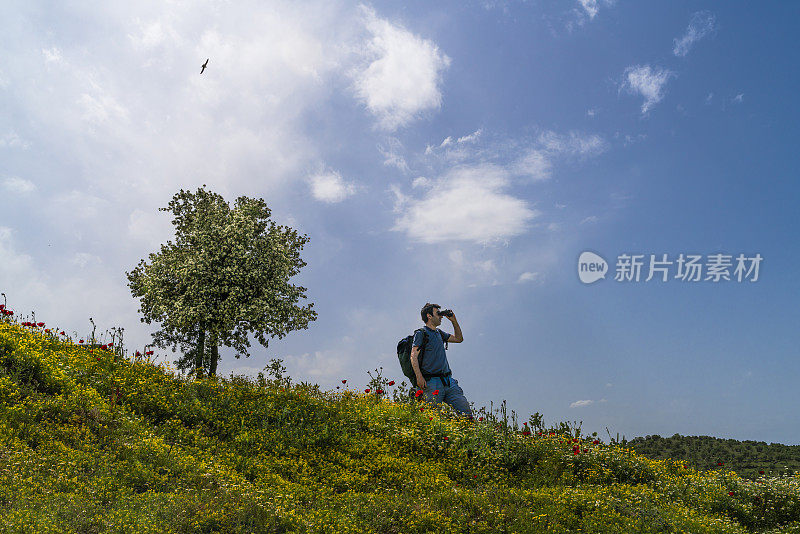 漫步在春季野花和山楂树的景观中，背包客通过双筒望远镜向外看。