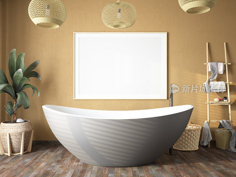 波西米亚风格的浴室，有一个空相框和一个浴缸