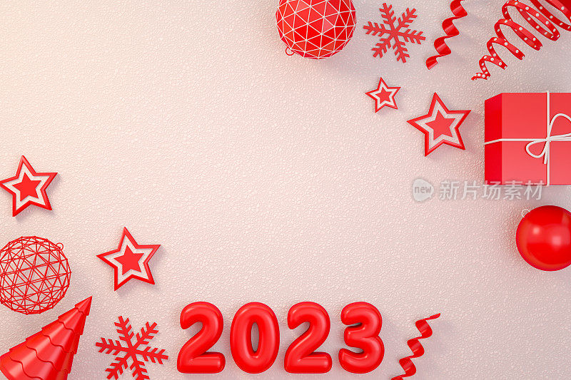 2023年新年，白雪背景圣诞饰品