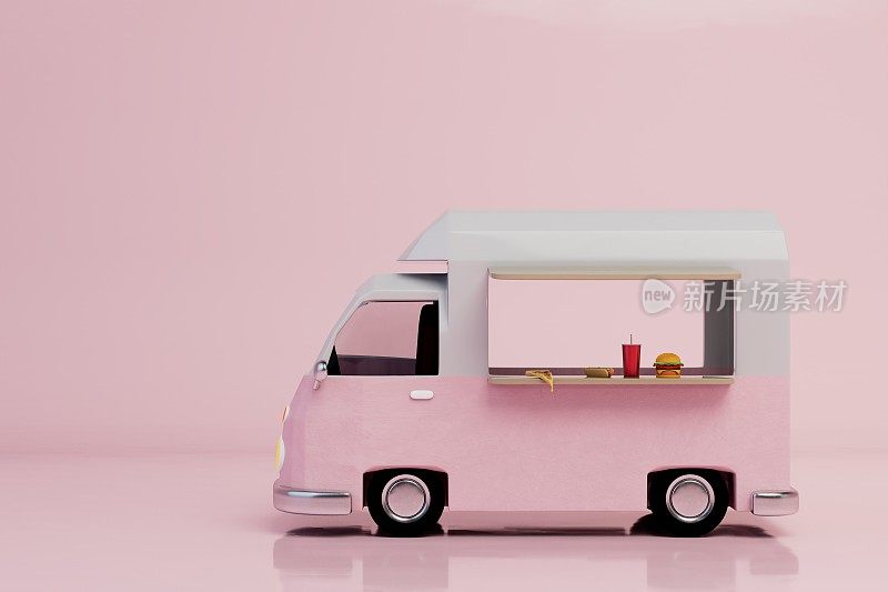 街边小吃的概念。粉色背景的快餐销售的粉色预告片。三维渲染