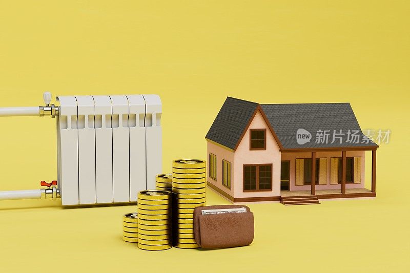 家里的暖气很贵。一个电池，一个房子，旁边是硬币和一个装有美元的钱包。三维渲染