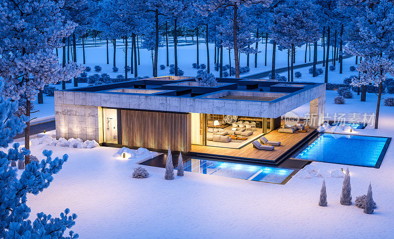 冬夜现代风格的新混凝土房屋三维效果图