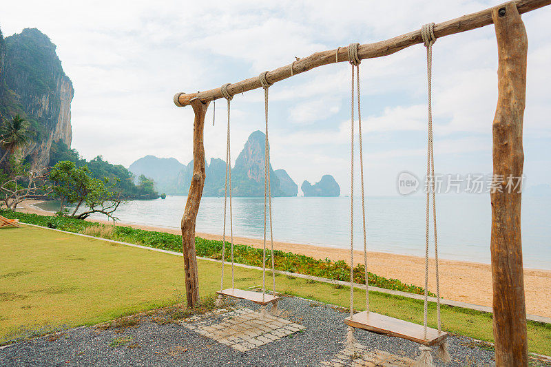 以田园诗般的热带海滩为背景，荡秋千