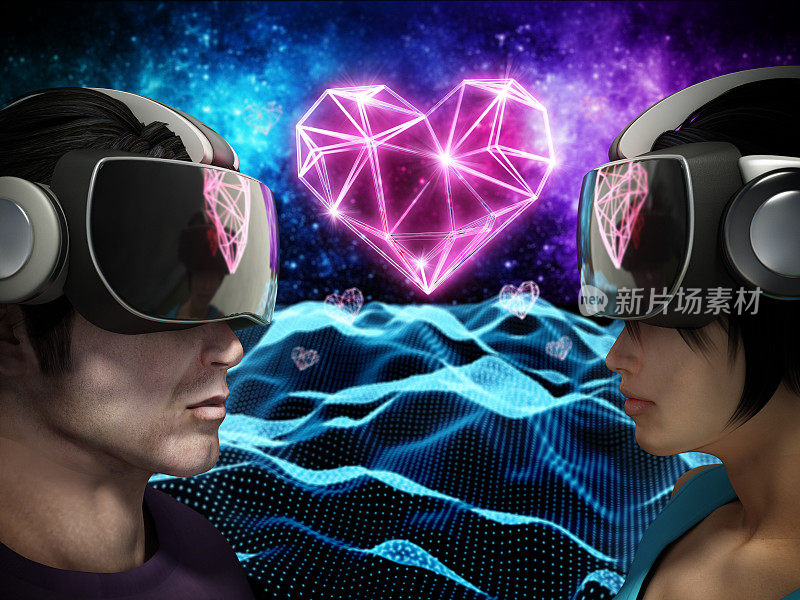 在未来的环境中，使用虚拟现实耳机的3D粉色心形站在CGI男人和女人之间