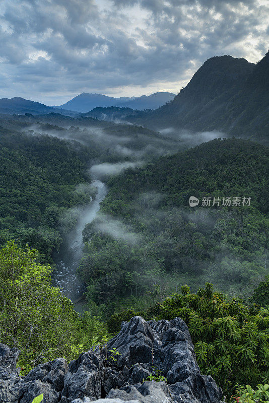 雾蒙蒙的丛林雨林，河流，雾和山脉在早晨从上面延伸。鸟瞰图。