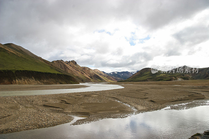 冰岛Laugevegur步道起点的Landmannalaugar周围引人注目的山景，显示了洪水平原上的冰川径流河