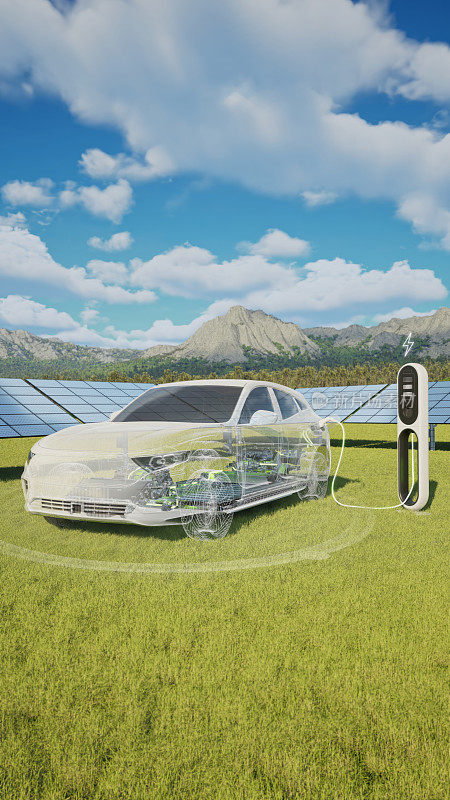 在装有太阳能电池板的电动汽车充电站充电的电动汽车
