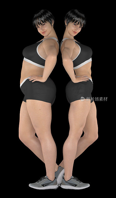 女性，站着，显示减肥前后，在黑色背景上