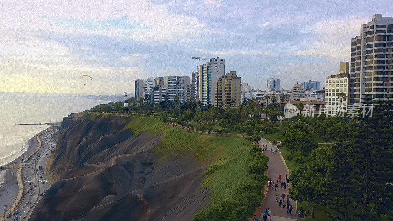 油画全景鸟瞰图米拉弗洛雷斯区海岸线在利马，秘鲁